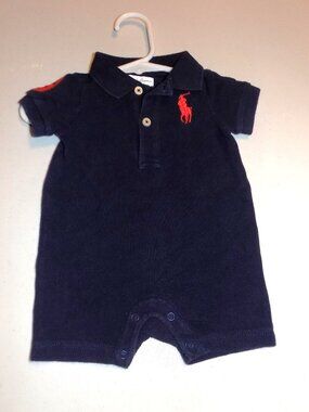 RALPH LAUREN POLO Navy Blue Knit Romper 3M One Piece Large Pony #3 Rugby